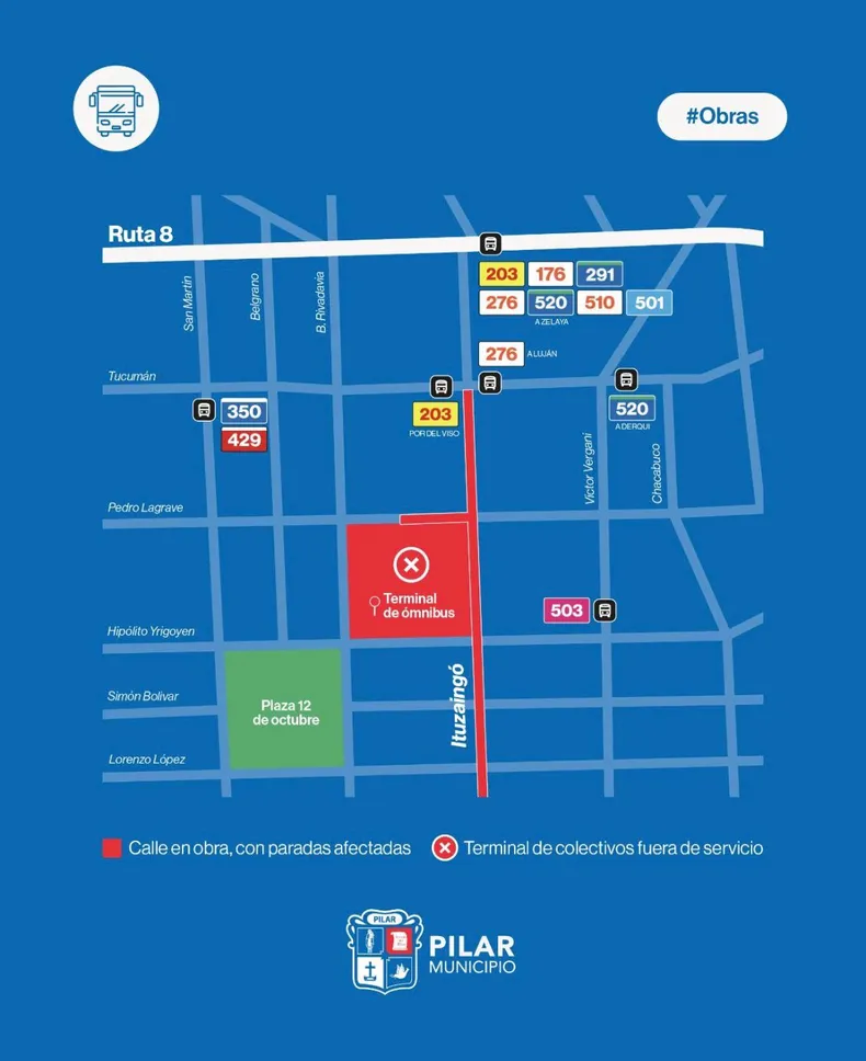 NOTICIAS PILAR: CAMBIO DE LAS PARADAS DE COLECTIVOS EN EL CENTRO DE PILAR HASTA QUE TERMINEN LAS OBRAS.