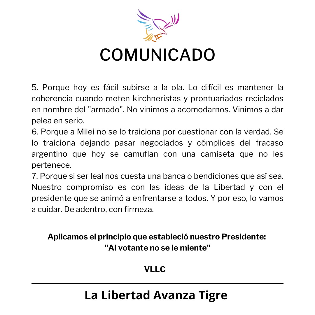 NOTICIAS DE TIGRE:En un comunicado los concejates del bloque de la Libertad Avanza oficial aclararon porque no respaldan a los que usurparon el espacio político,del cual se distanciaron y respaldan el Partido Libertario.