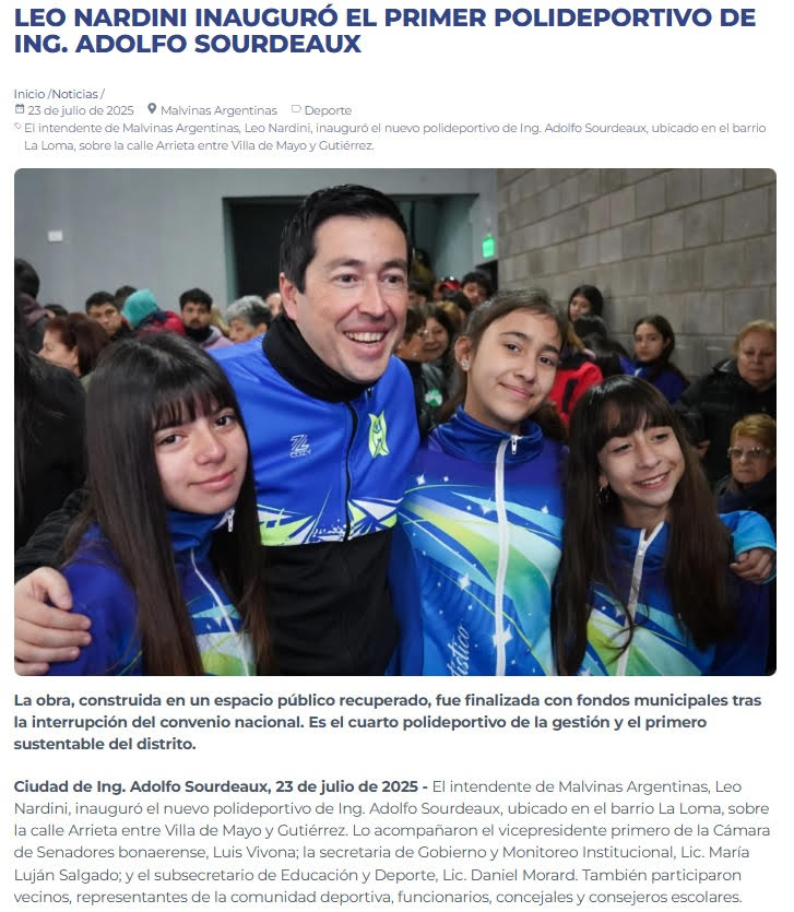 NOTICIAS MALVINAS ARGENTINAS:LEO NARDINI INAUGURO EL PRIMER POLIDEPORTIVO DE ING.  ADOLFO SORDEAUX